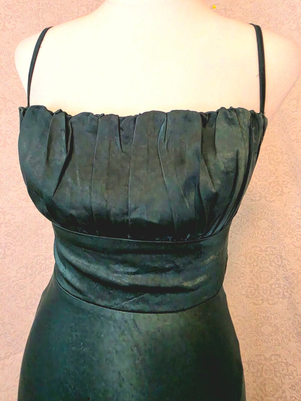 Saints & Secrets Ruched Bust Satin Spaghetti Strap Maxi Dress Forest Green